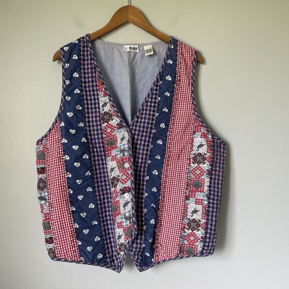 VJ Woman Vintage Patchwork Vest Cottagecore Red Blue Americana Women's 22/XL